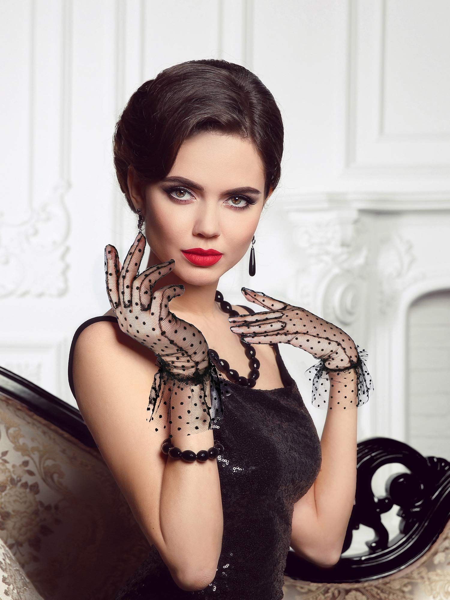 Short Lace Gloves 1960s Vintage Classy Polka Dot Tea Party Mesh Gloves for Bridal Women Wedding Halloween Costume — image 2