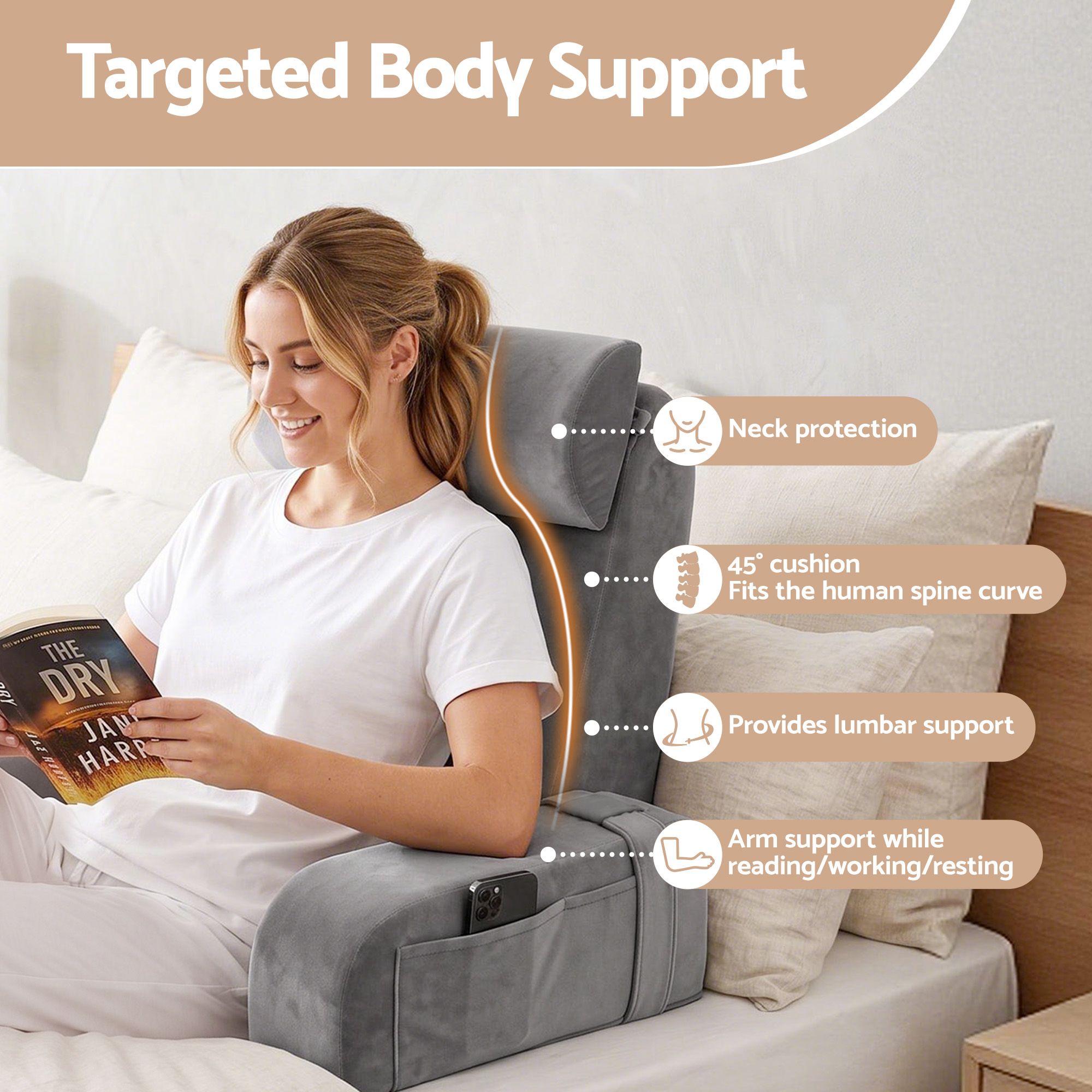 Giselle Reading Pillow For Bed With Non-Sag Solid Memory Foam, Back Pillow For Bed Sitting Up Gaming, Adjustable Neck Roll Detachable Arms And 210gsm Velvet — image 3