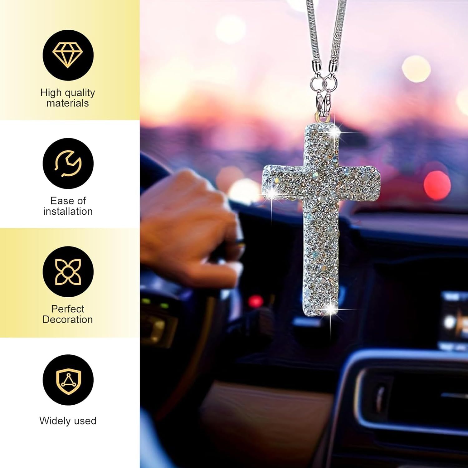Car Hanging Ornament, Bling Cross Faith Pendant, Rhinestones-Embedded Rust-Proof Hip Hop Rearview Mirror Decoration Charm, Universal Personality Interior — image 4