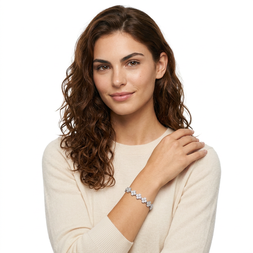 Silver and White Four-Leaf Clover Zircon Bracelet - Gold-Tone Alloy Lucky Charm Wristband with Full Crystal Pave, 22cm Elegant Fashion Jewellery for Women — image 5