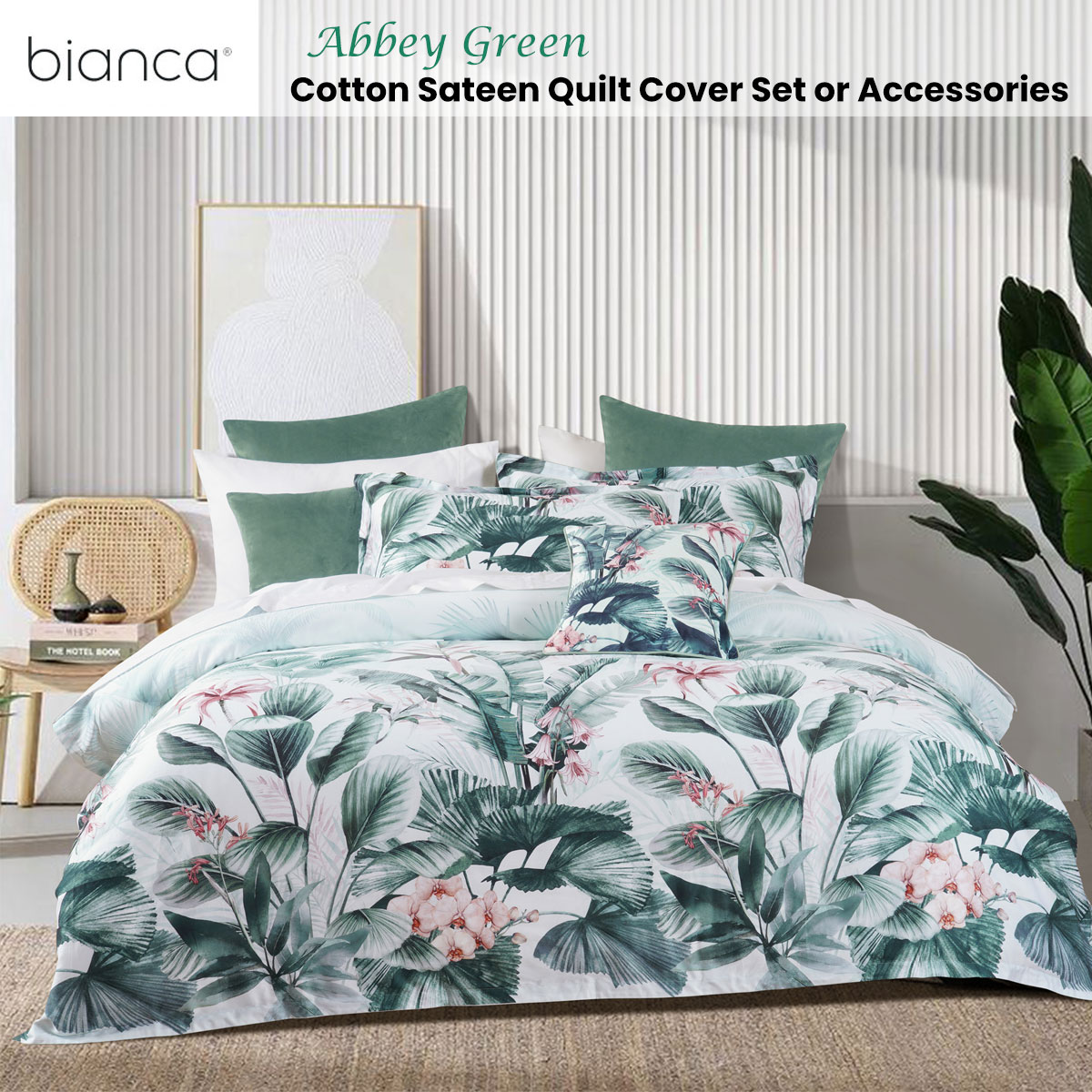 Bianca Abbey Green Cotton Sateen Tropical Floral Quilt Cover Set Queen — image 2