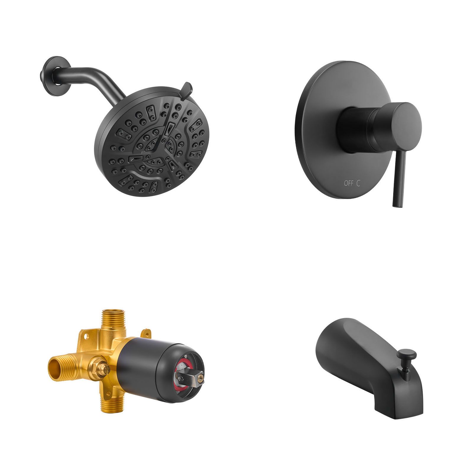 Tub and Shower Faucet Set, Complete with 127 mm Rainfall Shower Head and Bathtub Spout, 8-Setting Adjustable Spray, Single-Handle Tub Trim Kit with Brass