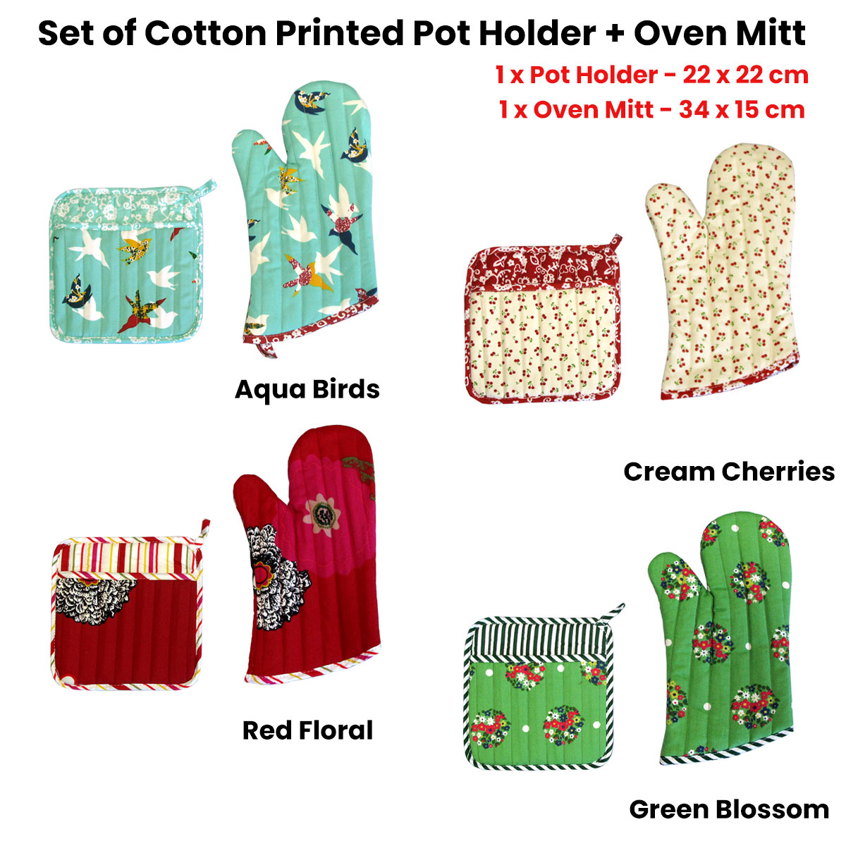 Set of 100% Cotton Printed Oven Mitt + Pot Holder Aqua Birds โ image 3