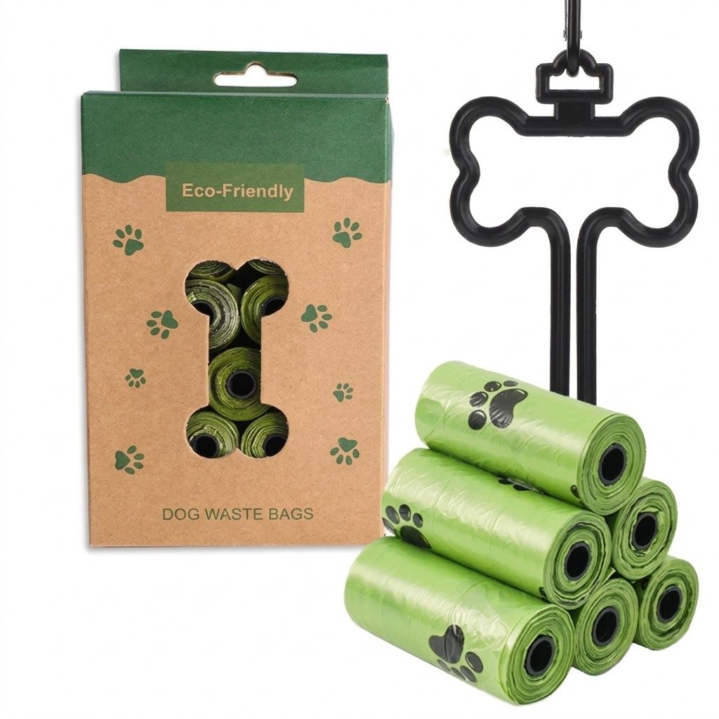 Eco-Friendly Pet Waste Bag Set with Bone-Shaped Carrier Hook and D-Ring Clip – Thick Leak-Proof Poop Bags for Outdoor Dog Walks, Hands-Free Convenience with
