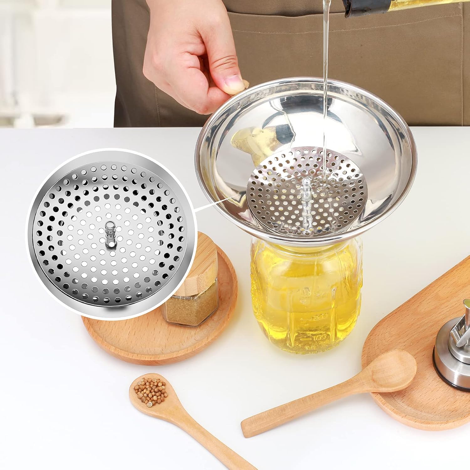 Canning Funnel for Wide Mouth and Regular Mason Jars, Stainless Steel Kitchen Use Funnels with Strainer for Filling Bottles, Metal Funnel Set for Oil Power Jam — image 5