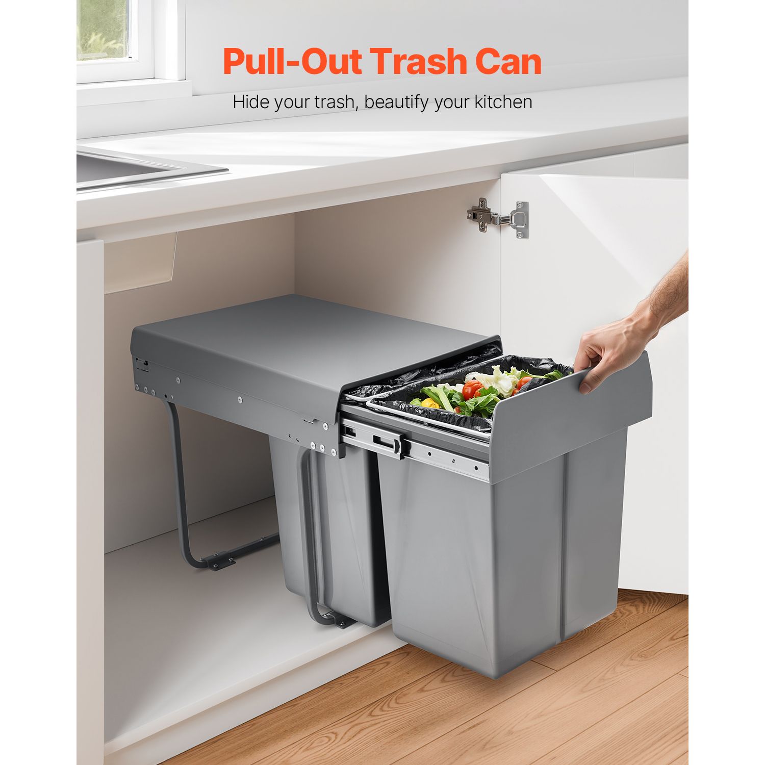Pullout Trash Can for Kitchen Cabinets, 20+10+10L Double Under Sink Garbage Waste Recycling Bin, Under Mount Waste Container, with Heavy Duty Metal Full — image 2