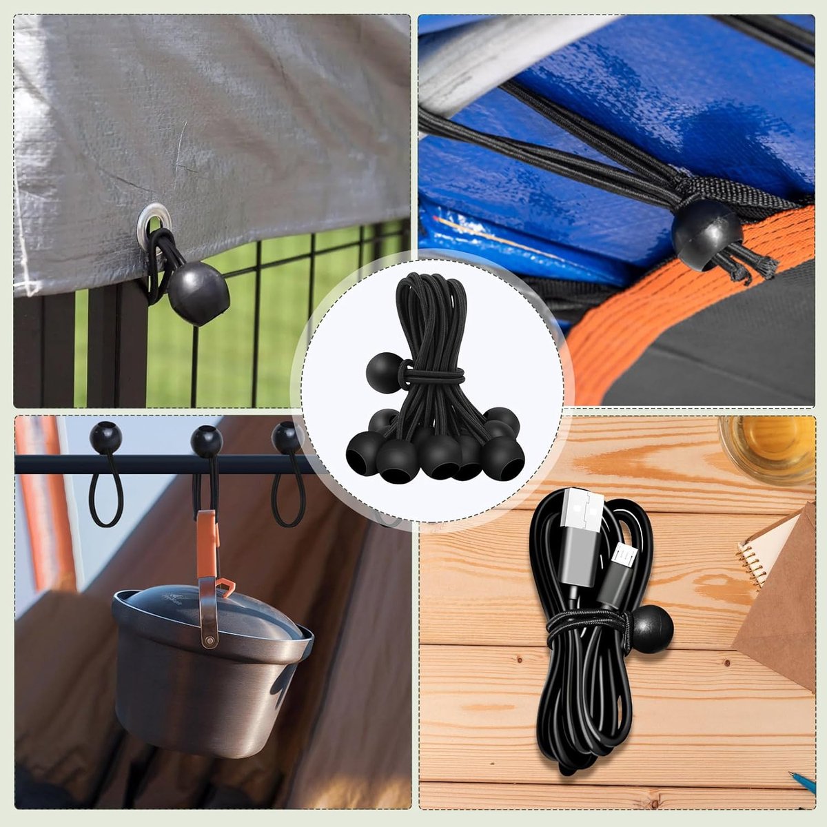 30 elastic cords, 10 cm long - with ball joints - black - sturdy rubber tensioners - for securing tarpaulins, camping tents, luggage cables, and awnings — image 3