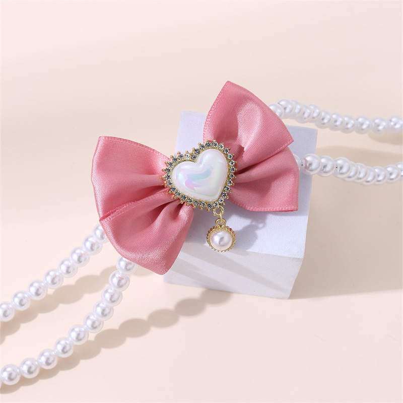 2 - PCS Cute Pet Pearl Necklace Collar with Pink Bow and Heart Charm - Size M — image 2