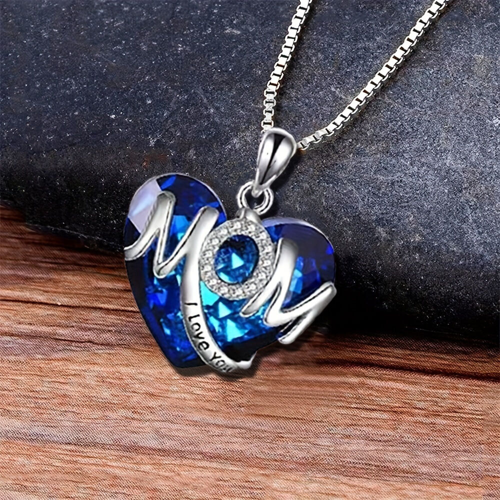 BLUE Exquisite Heart-shaped Blue Crystal "MOM" Pendant Necklace - Fashionable Women's Mother Necklace, Warm Family Love Jewelry, Romantic Mother's Day Gift — image 5