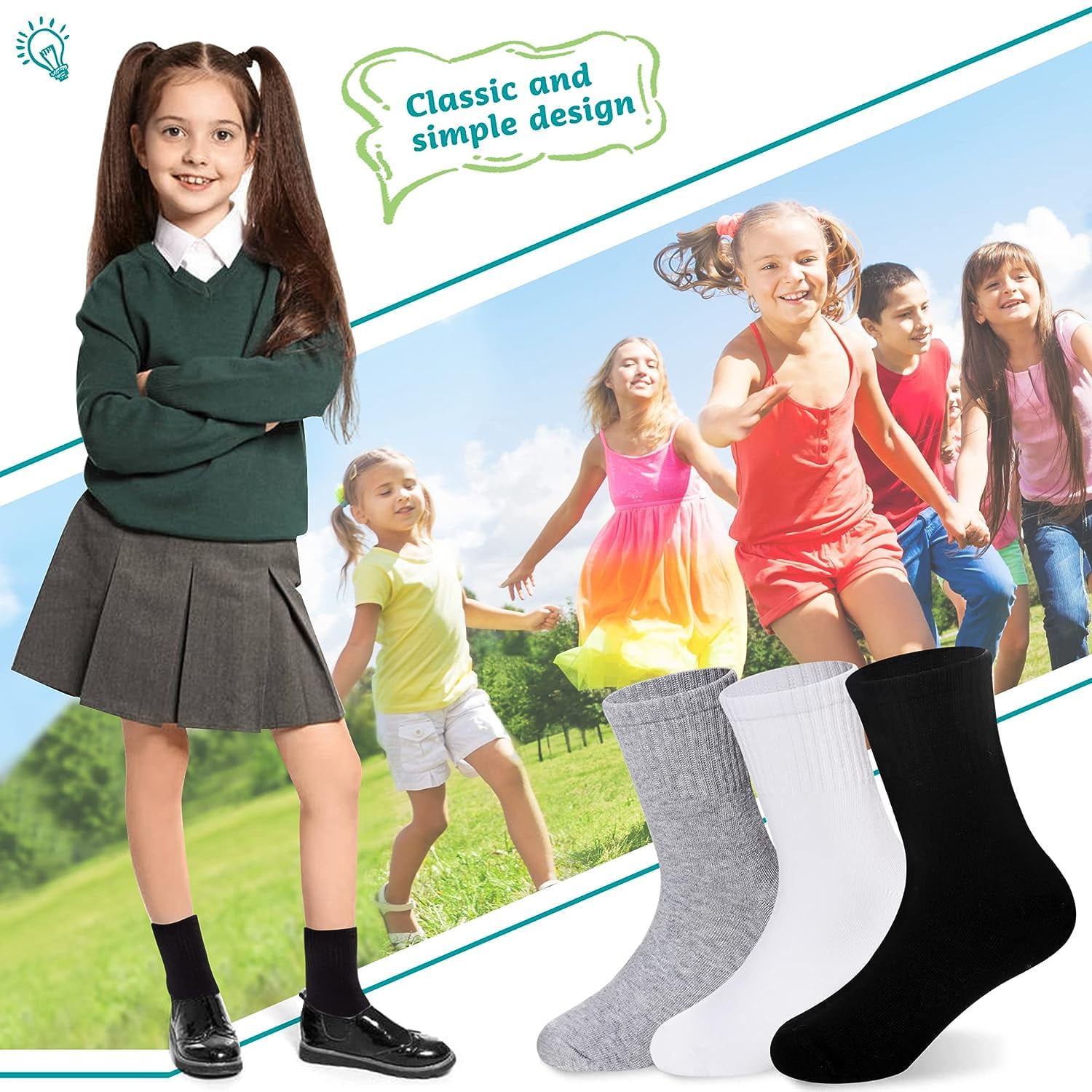 Kids Athletic Crew Socks Boys Girls Cotton School Uniform Casual Basic Socks 6 Pairs 9 - 12 Years Black — image 2