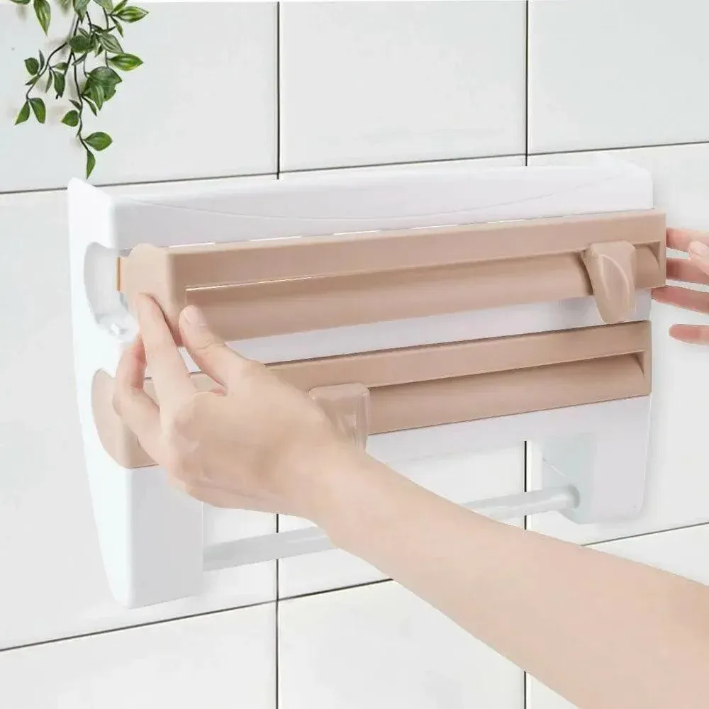 4In1 Wall Mount Kitchen Holder Foil Towel Roll Cling Wrap Rack Dispenser Cutter - Khaki โ image 4