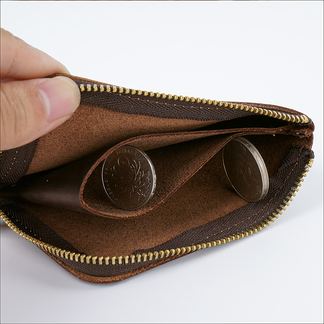 Coffee Handmade Crazy Horse Leather Wallet Minimalist L-Zip Card Holder Top Layer Cowhide Short Purse with Coin Pocket 12cm Vintage Style — image 2