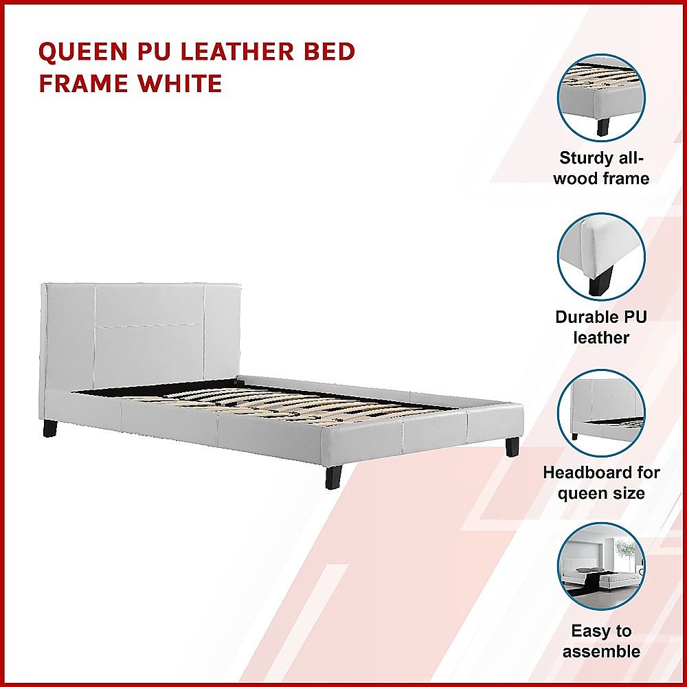 Queen PU Leather Bed Frame White โ image 3