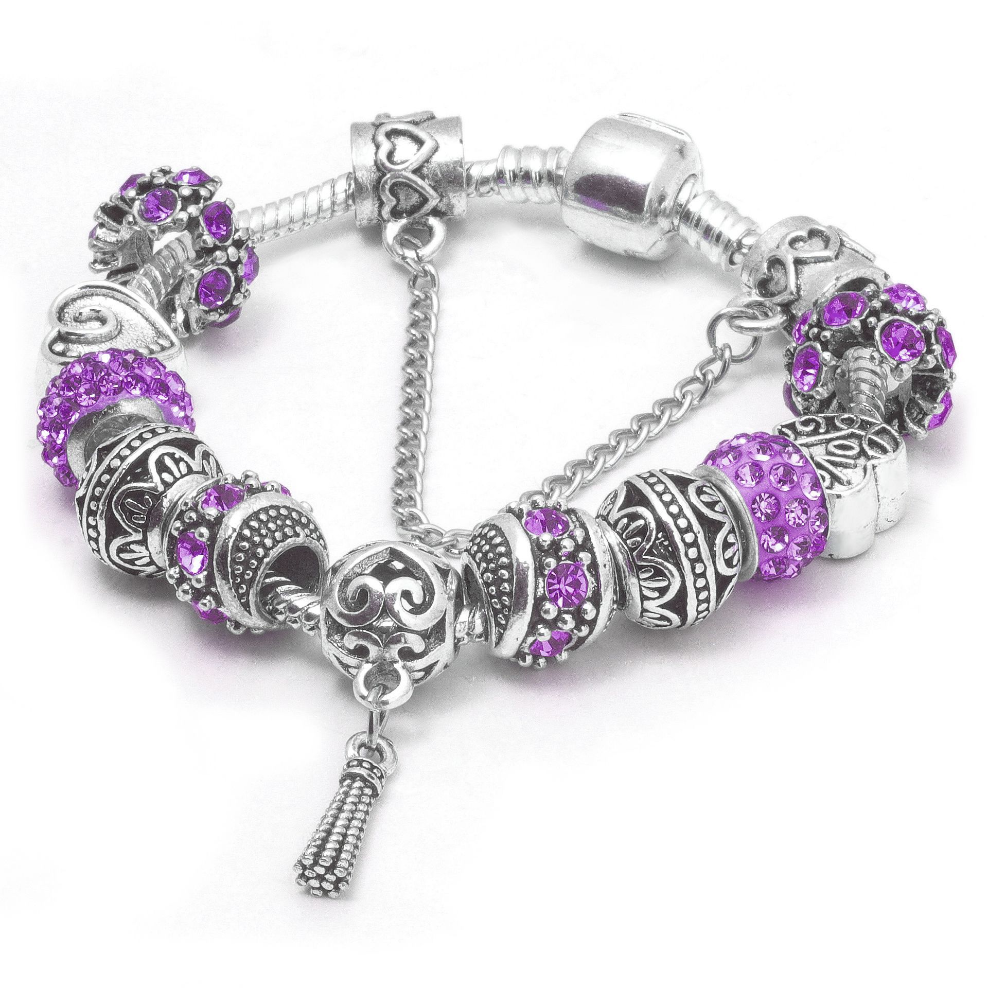 Women’s Vintage Silver-Plated Charm Bracelet - Crystal-Embedded Hollow Carved Multi-Bead Fashion Jewelry(purple-17cm)
