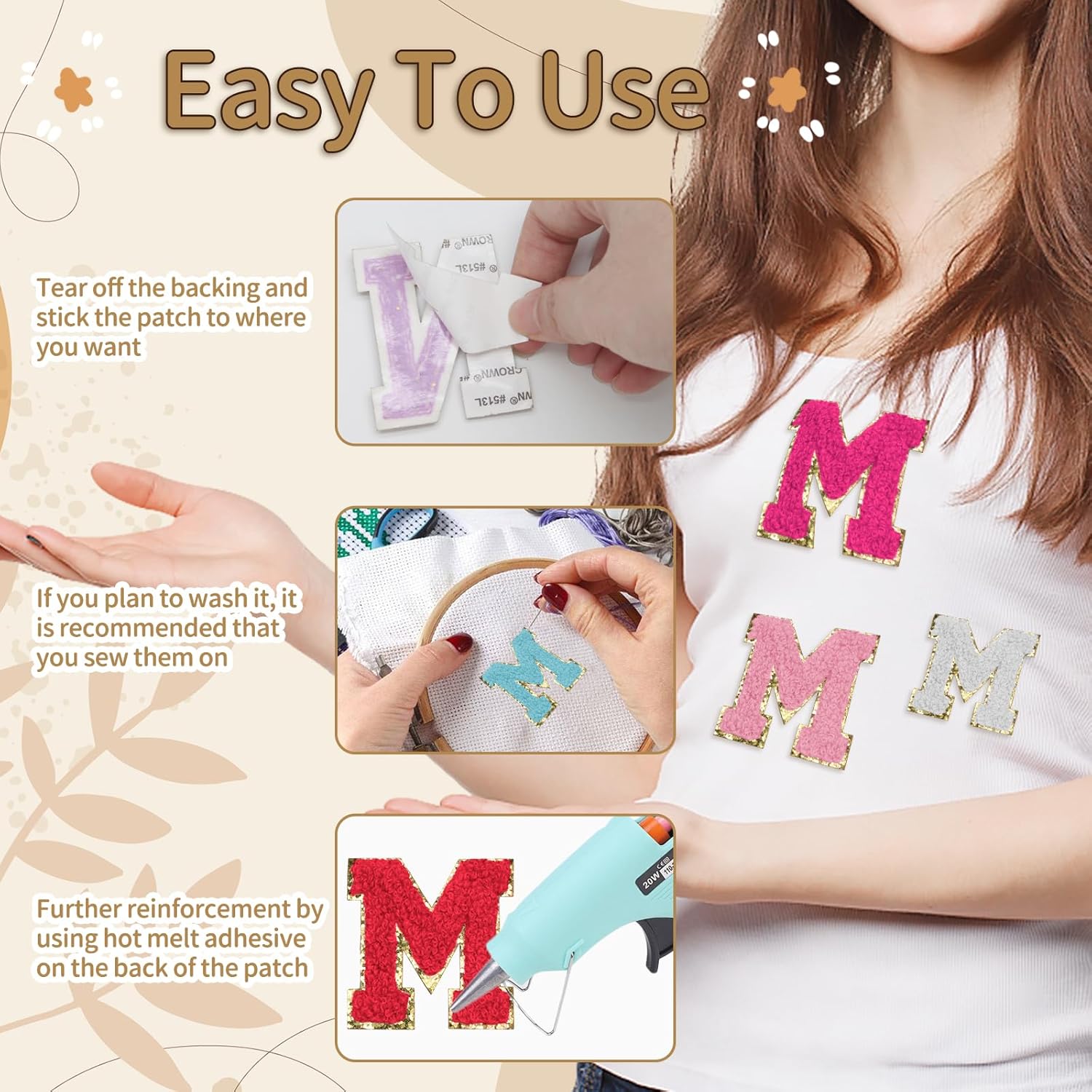 Biaungdo Self Adhesive Chenille Letter Patches, 6 Pcs 2 Inch Varsity Letter Patches Iron on Letter Patches Chenille Patch Large Letter Stickers for Clothes โ image 3