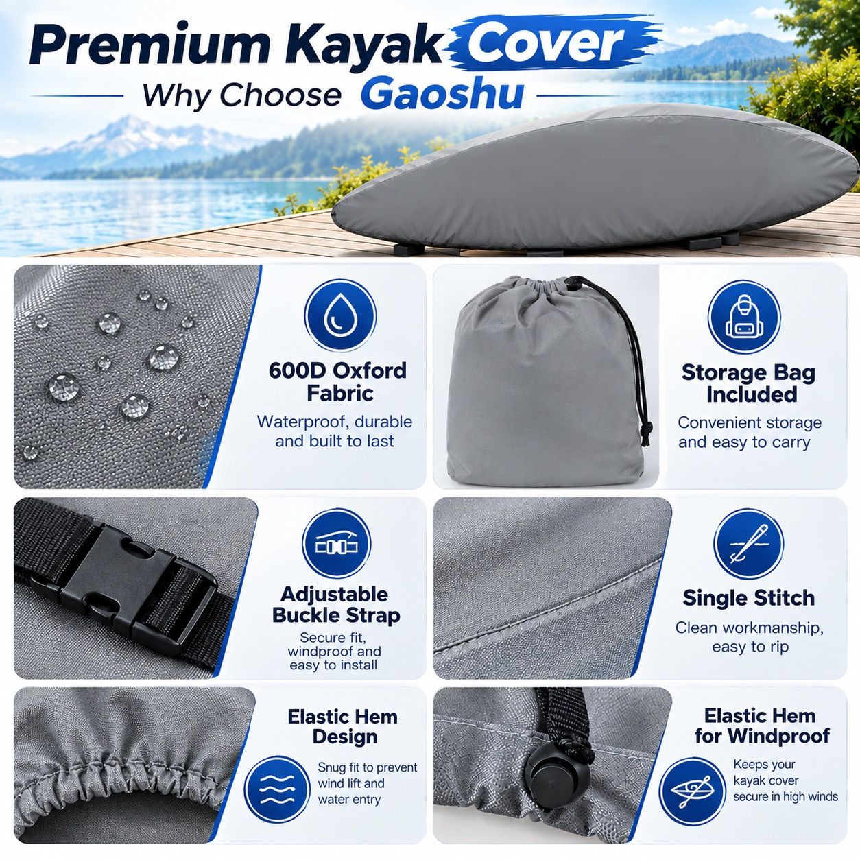Heavy-Duty 600D Oxford Kayak Cover Waterproof UV-Resistant Canoe Protector with Storage Bag, Universal Fit for Outdoor Patio, Shore & Beach – Full-Season — image 3