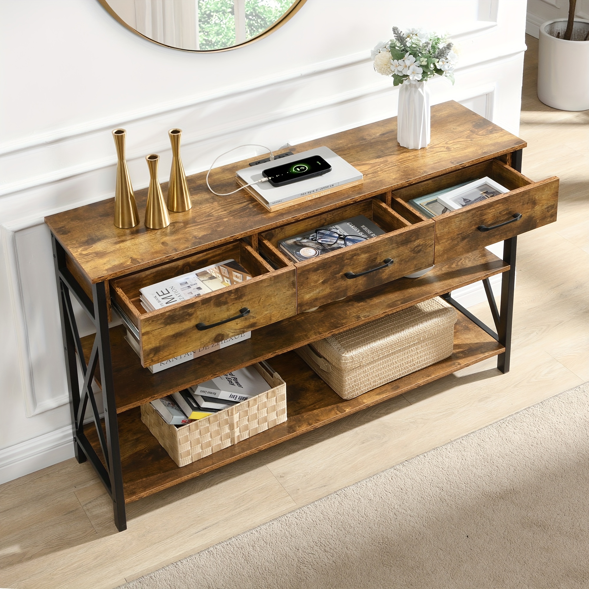 Console Table with 3 Drawers, Industrial Entryway Table with 3 Tier Storage Shelves โ image 6