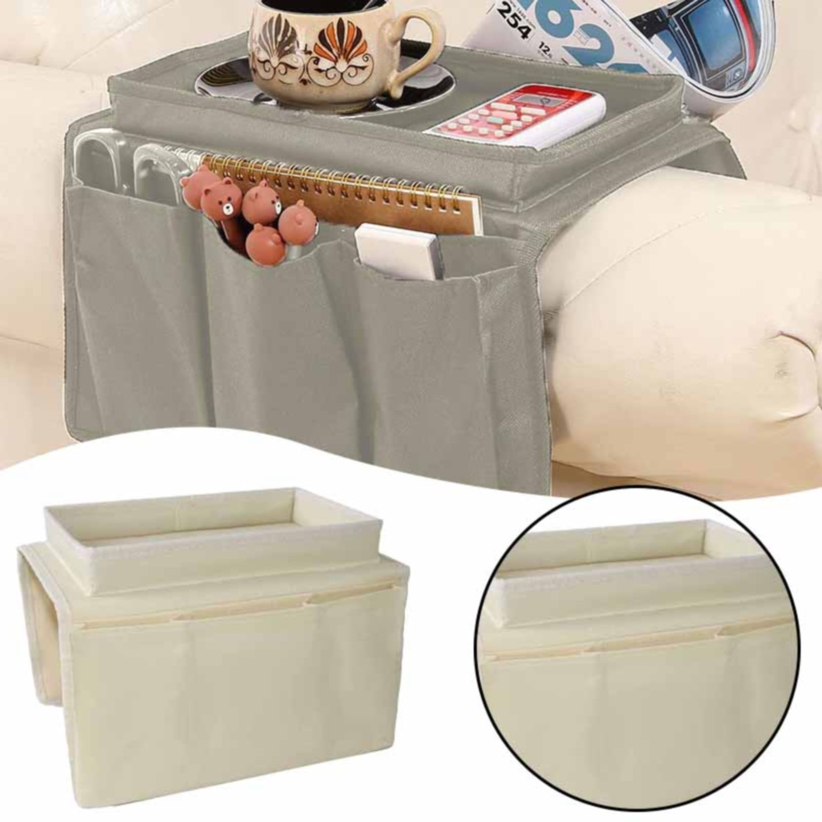 Sofa Armrest Organiser with Cup Holder, Remote Control Caddy with Storage Pockets for Recliners, Couches, Books and Tablets, Beige — image 2