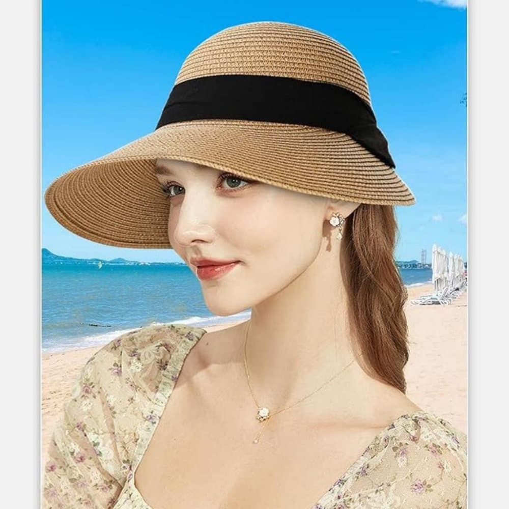 UV Protective Straw Beach Hat Wide Brim Foldable Breathable for Summer Outdoor, White — image 4