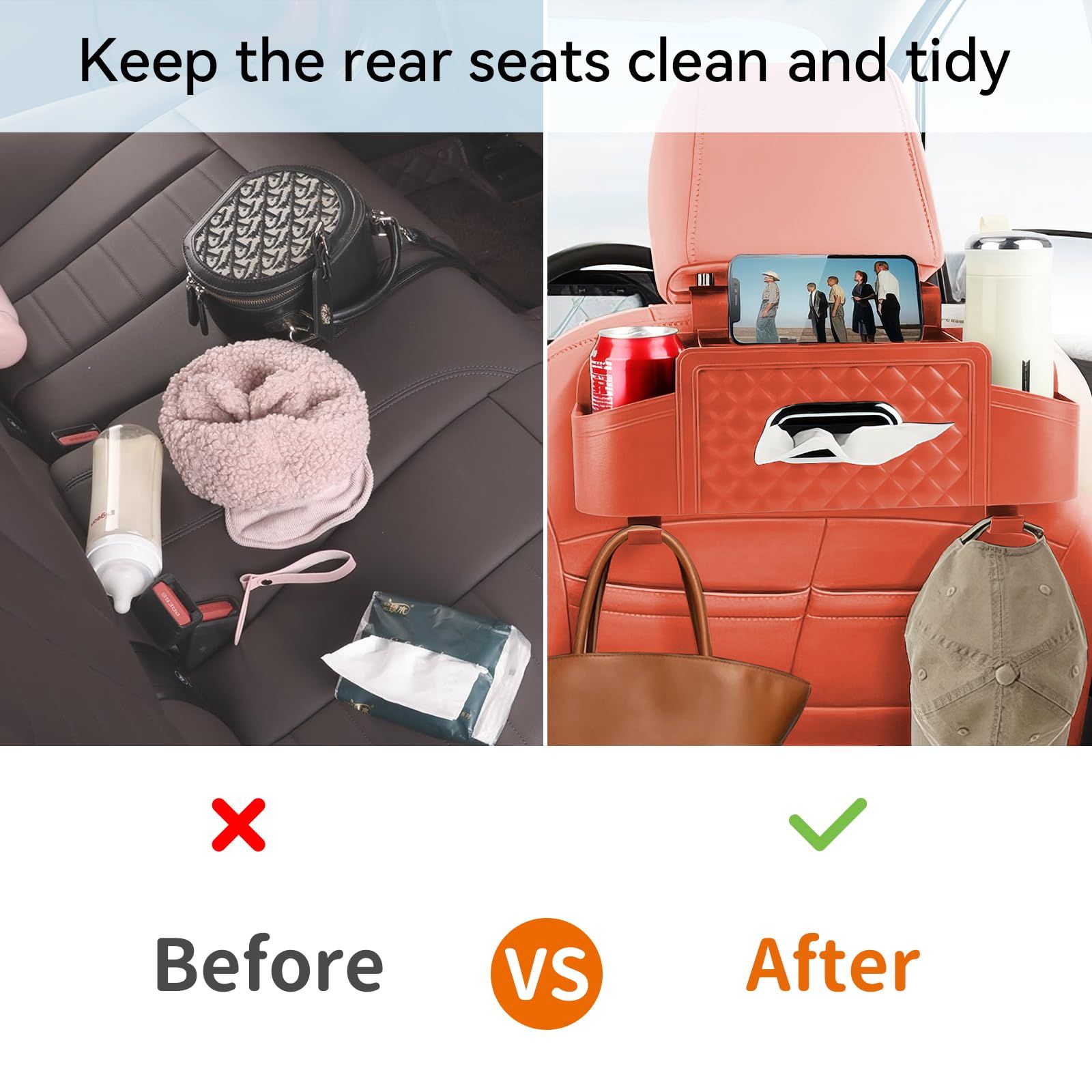 Back Seat Car Storage Organizers - 2 Cup Holders, Tissue Box Holder, Hooks - Perfect for Kids, Men, Women and Travel (Orange) โ image 4