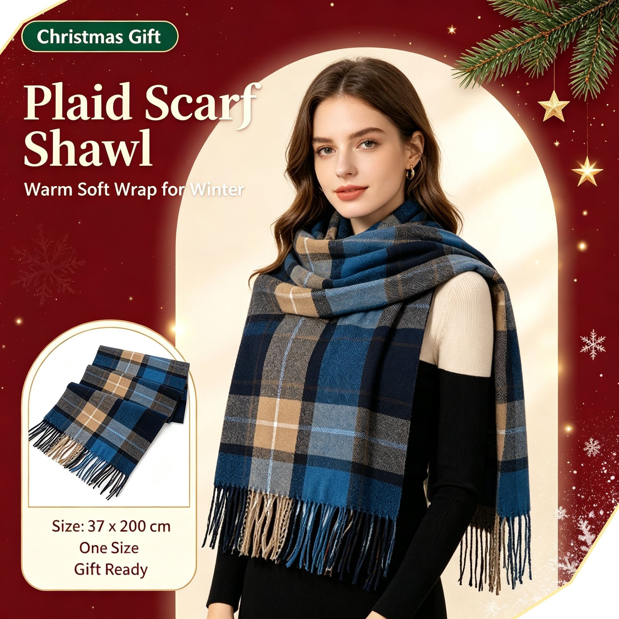 Light Blue Check Fashion Shawl, Soft Cashmere Touch All-match Scarf 37x200cm Sky Blue Plaid for Clothing Layering & Xmas Holiday Gift Giving