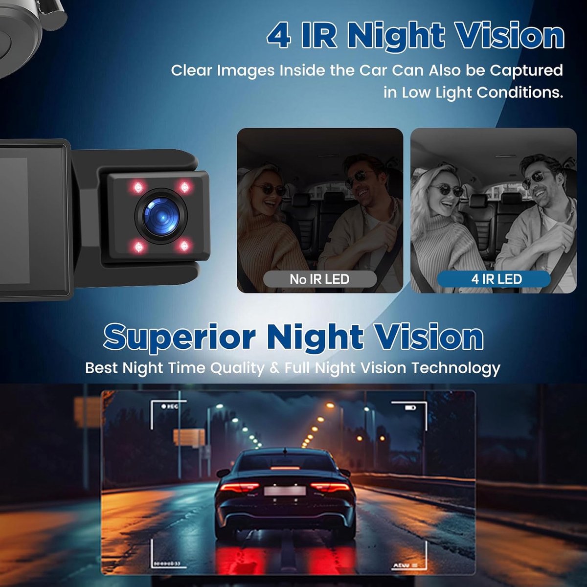 WiFi Car Dash Cam – 3-Channel Wireless Camera with App, Front, Interior, and Rear Cameras, Full HD 1080p, 2-inch IPS Screen, Night Vision, Motion Detection — image 5