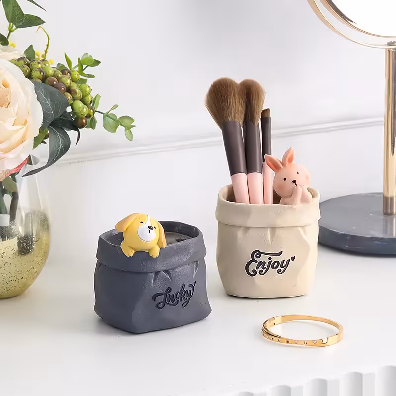 Creative Animal-Themed "Paper Bag" Pen Holder (Rabbit) — Resin Desktop Organizer | Cute Cartoon Pencil Cup, Planter, & Storage Container | Home & Office — image 3