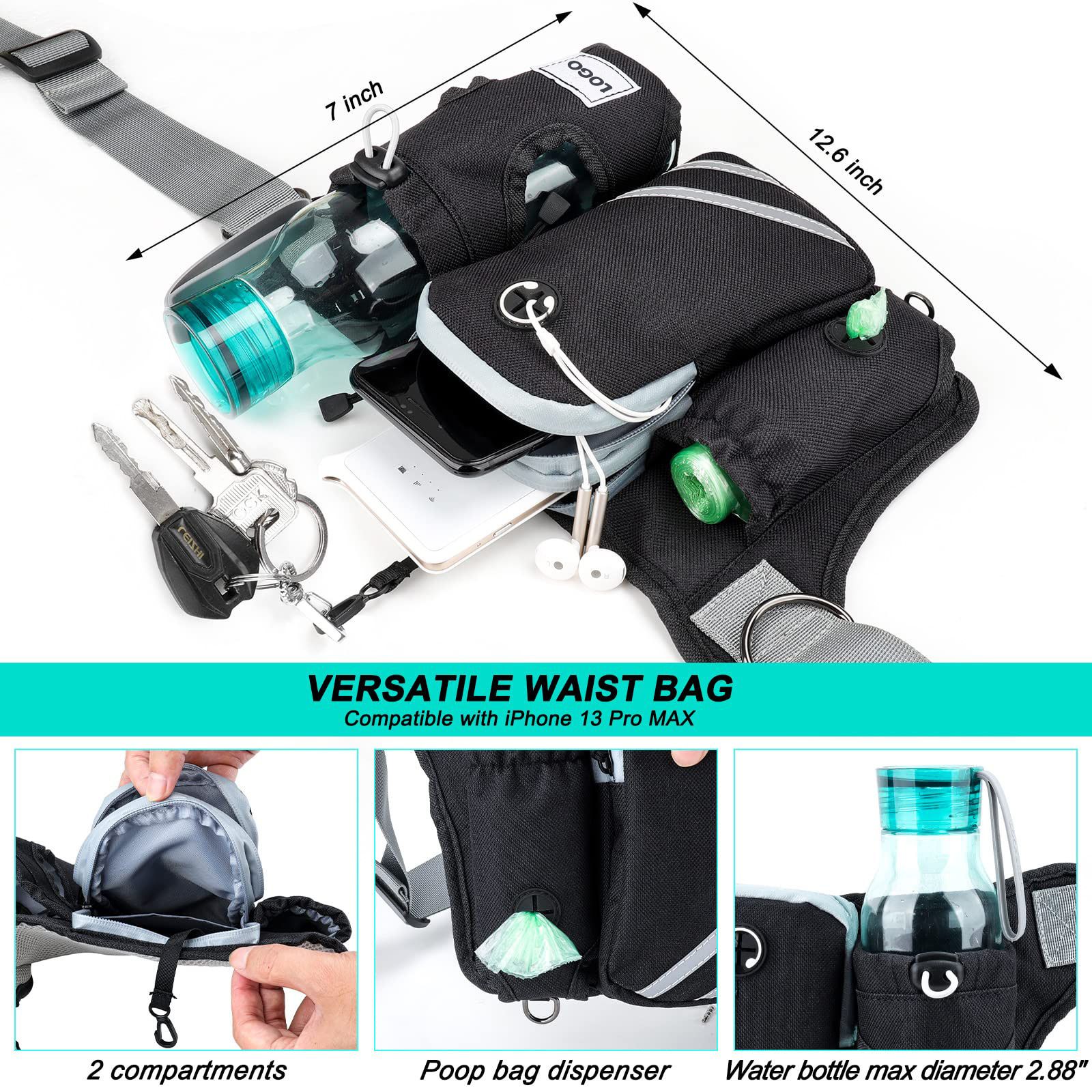 Hands Free Dog Leash Running Belt with Adjustable Bungee Lead(Black), Multi Pocket Outdoor Waist Bag and Free Roll of 15 Poop Bags for Walking, Jogging and โ image 6