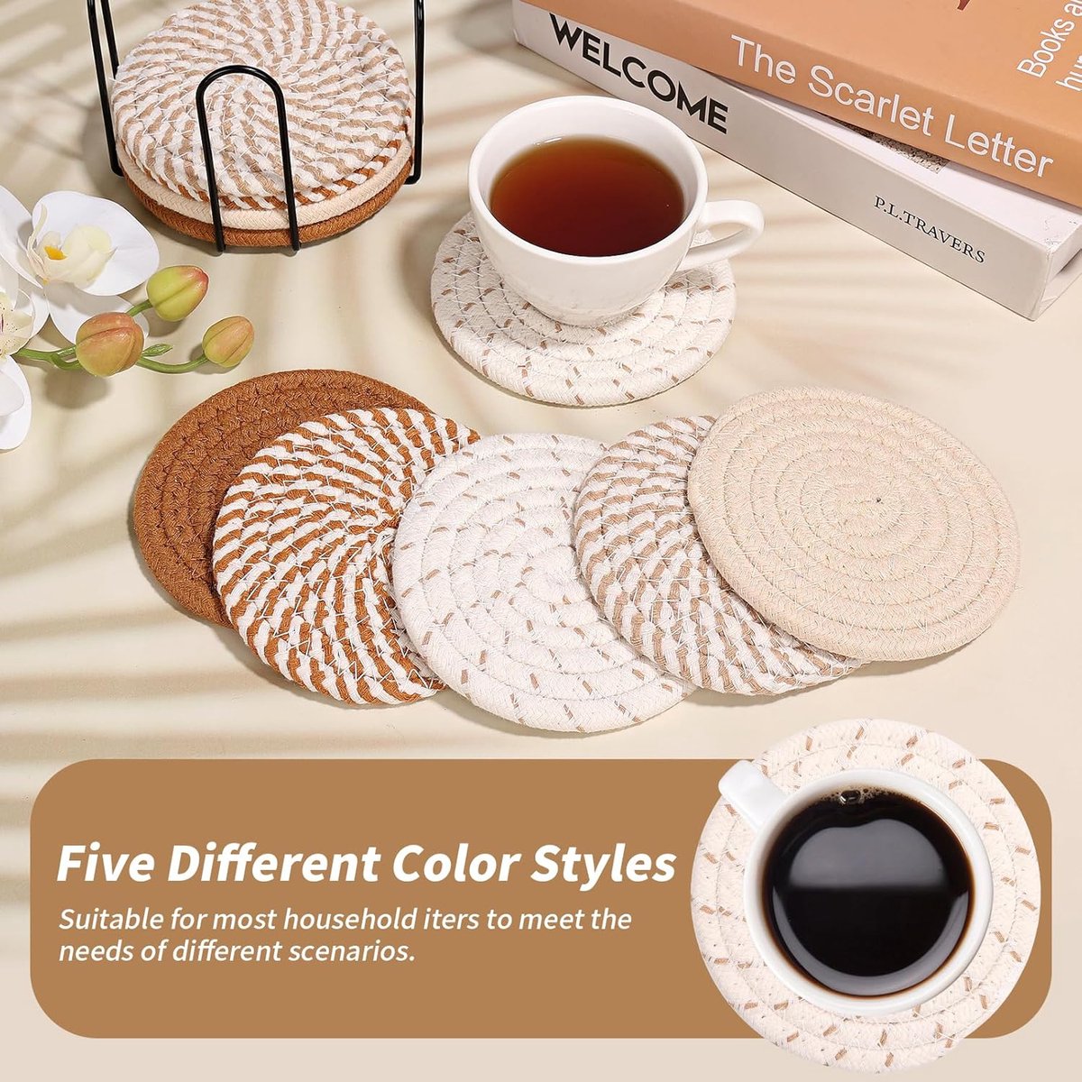 Set of 10 Round Coasters with Stand - Coaster Set - Thermal Insulation - Non-Slip Braided Cotton Coasters - Coasters for Glasses - For Drinks, Bar — image 5