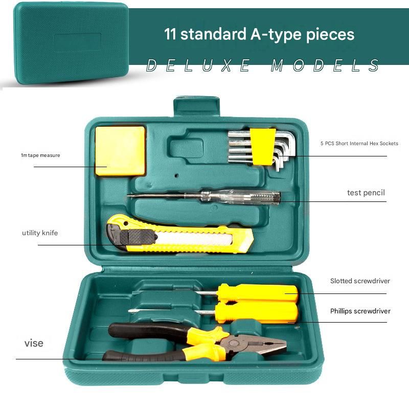 Green 11 Piece Set -Multi-Purpose Home & Car Tool Kit - Durable Blow-Molded Case, Utility Knife, Tape Measure, Pliers, Hammer, Screwdrivers, Allen Keys