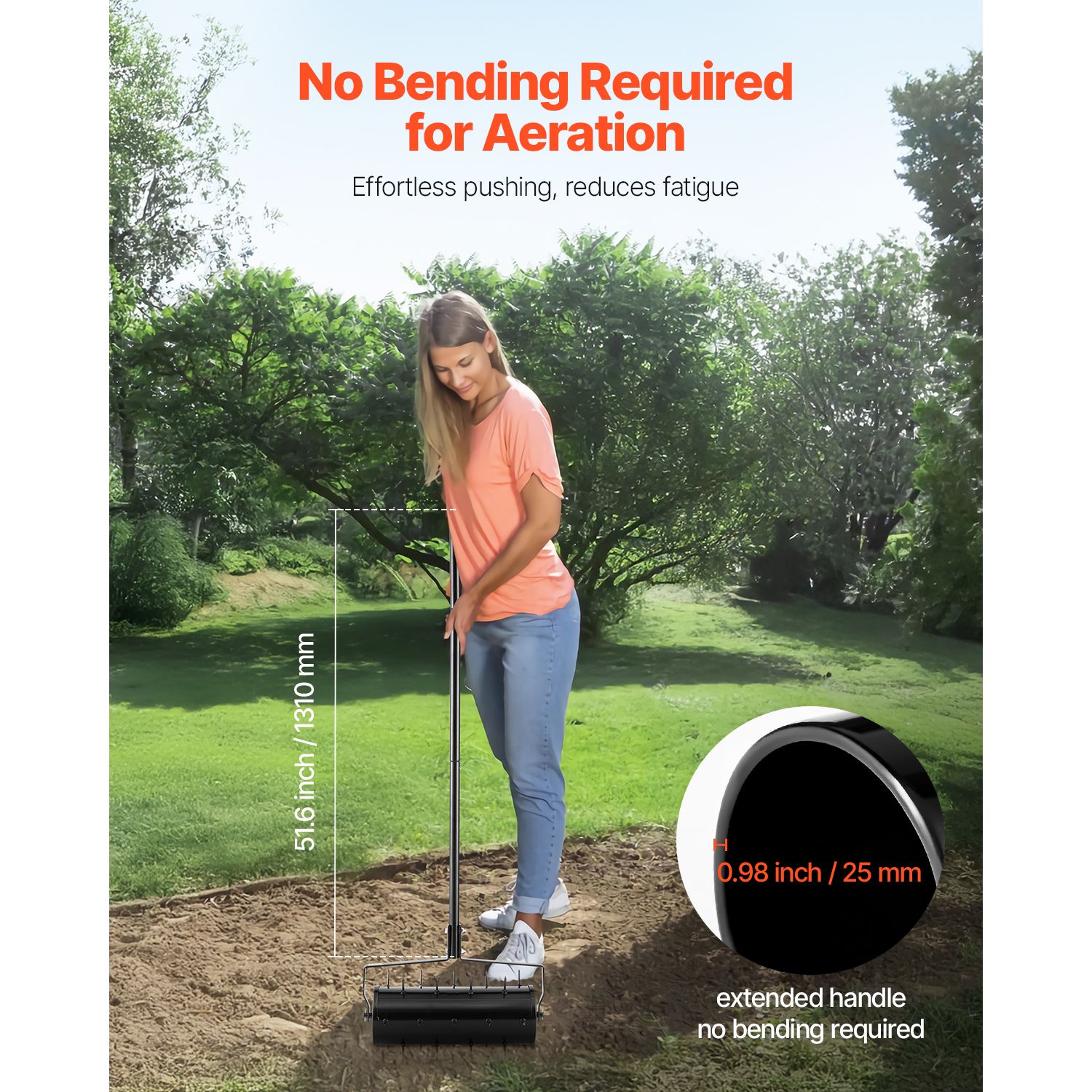 Rolling Lawn Aerator, 435mm Heavy-Duty Manual Rolling Aerator Lawn with Detachable Handle and 27 Iron Spikes, Rolling Lawn Aeration Tool for Garden Patio Yard — image 5