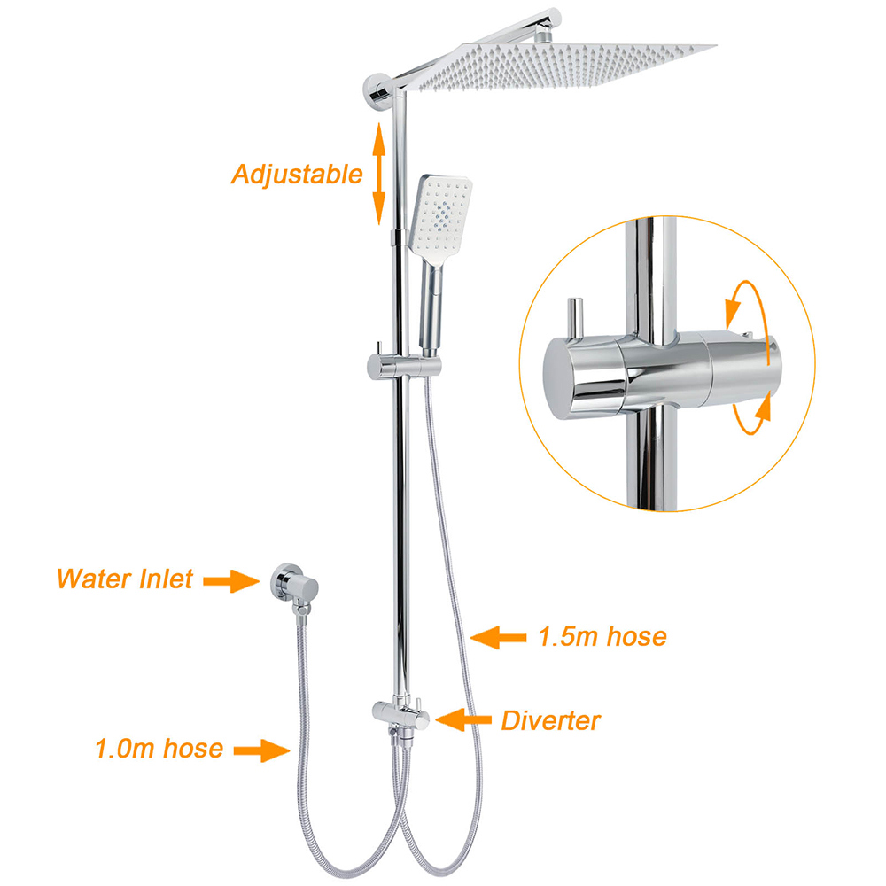 Double Square Shower Head 12" Rain Rose + 3 Modes Handheld Diverter Rail Arm Mixer Set โ image 2