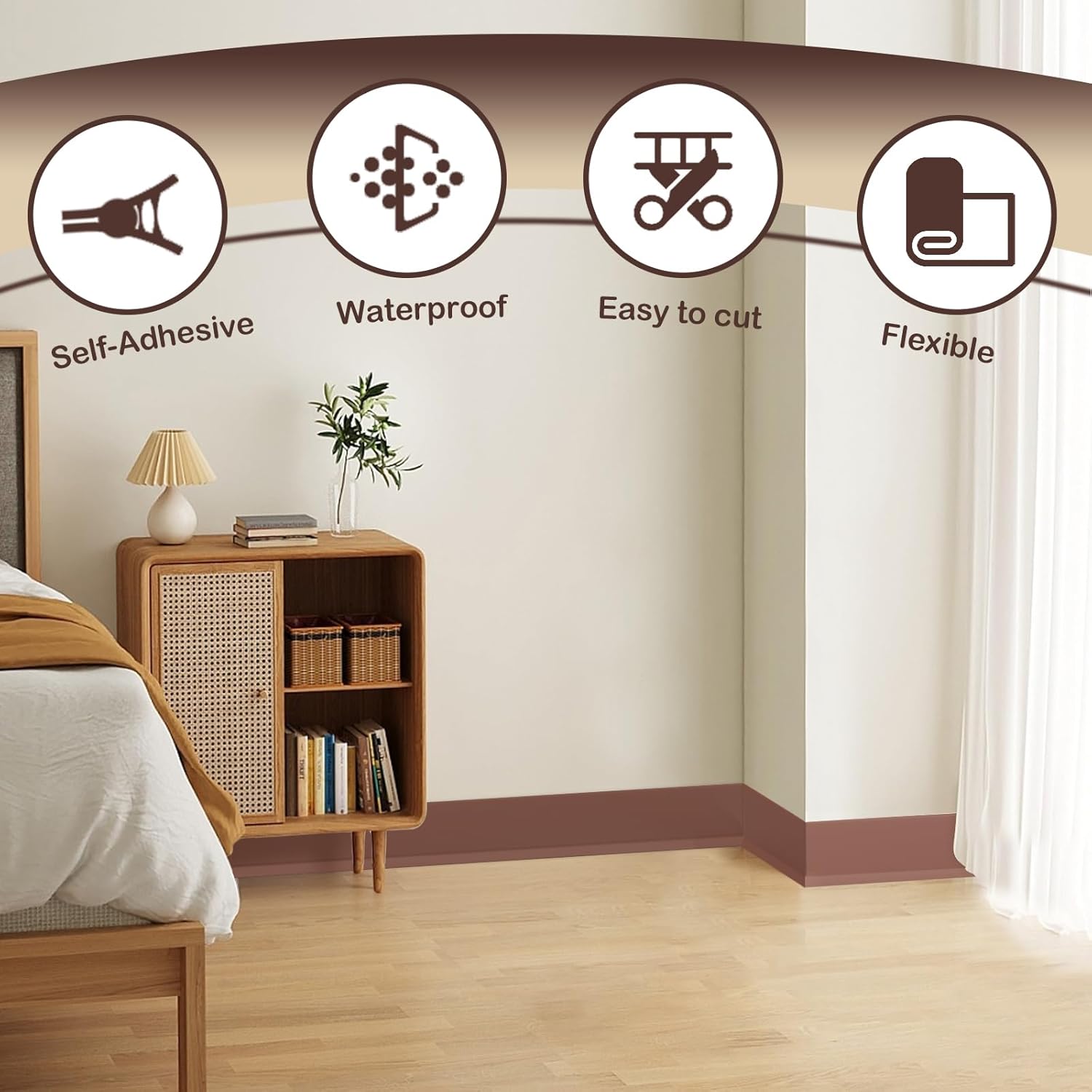 Flexible Wall Base Baseboard Molding Trim, 4 Inch(W) x 20 Feet(L) Self-Adhesive Vinyl, Peel and Stick Cove Base, Rubber Wall Base Moulding Trim(Brown) — image 4