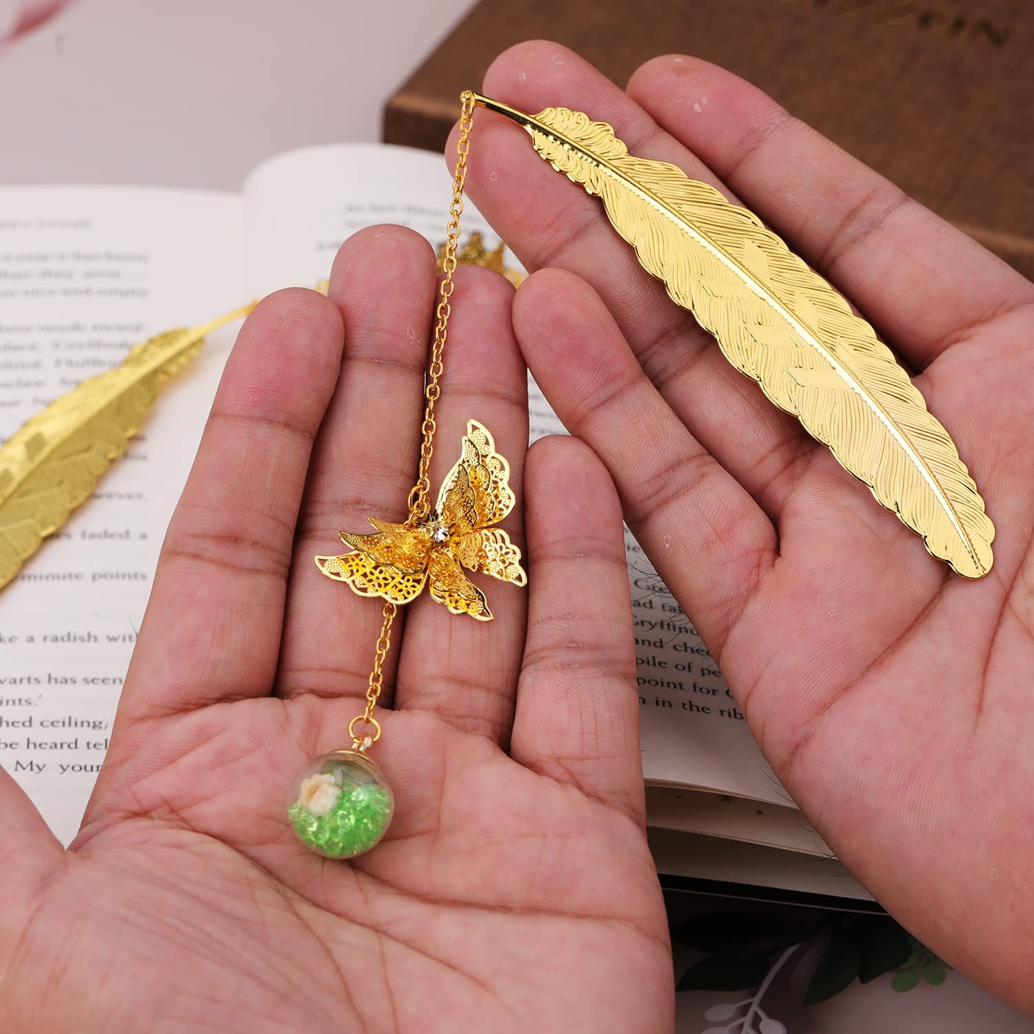 Metal Feather Bookmark with 3D Butterfly Pendant Christmas Thanksgiving Unique Gift for Book Lover Teacher 2 Pack — image 5