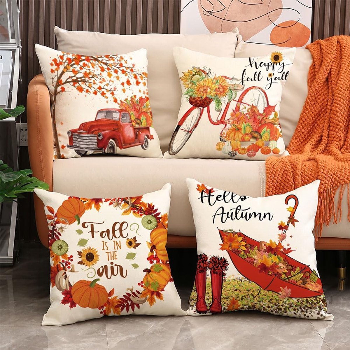 Halloween Theme - Fall Pillowcases - Linen - Bedroom Decor Pillowcases - Living Room Decor Pillowcases - Sofa Decor Pillowcases - 45 x 45 cm - Four-Piece Set — image 5
