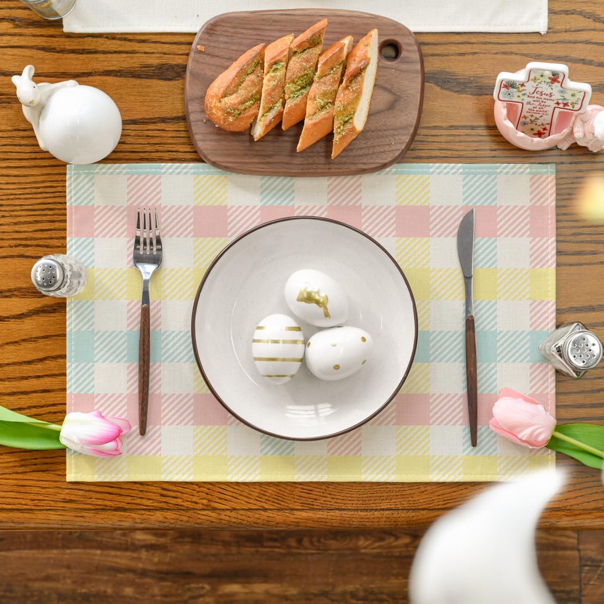 Blue Pink Yellow Buffalo Plaid Placemats Set of 4, 12x18 Inch Seasonal Easter Table Mats for Party Kitchen Dining Decoration — image 2