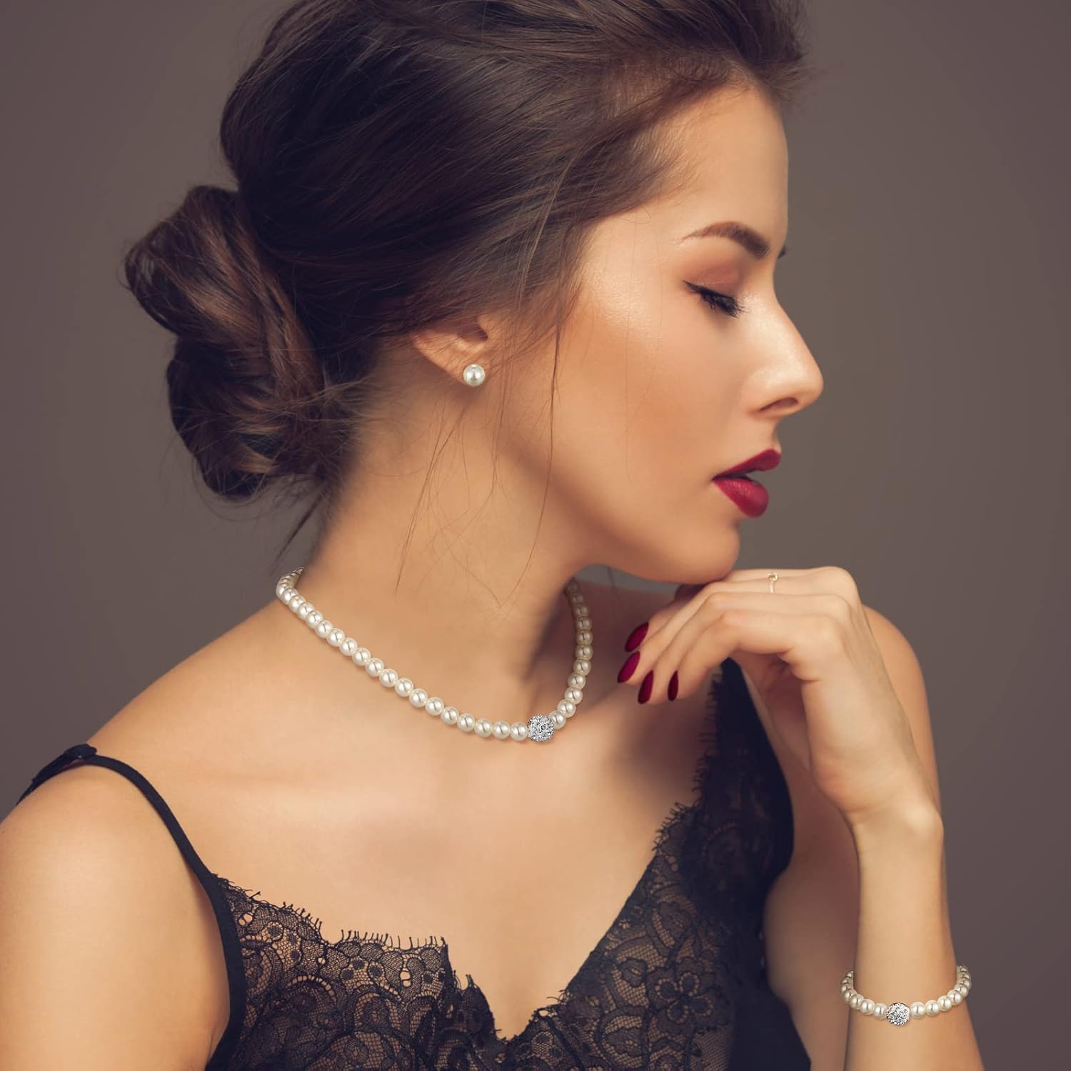 Glenmal Pearl Rhinestone Jewelry Set for Women Pearl Necklace Bracelet Earrings for Wedding Birthday Bridal Shower Tea Party — image 3