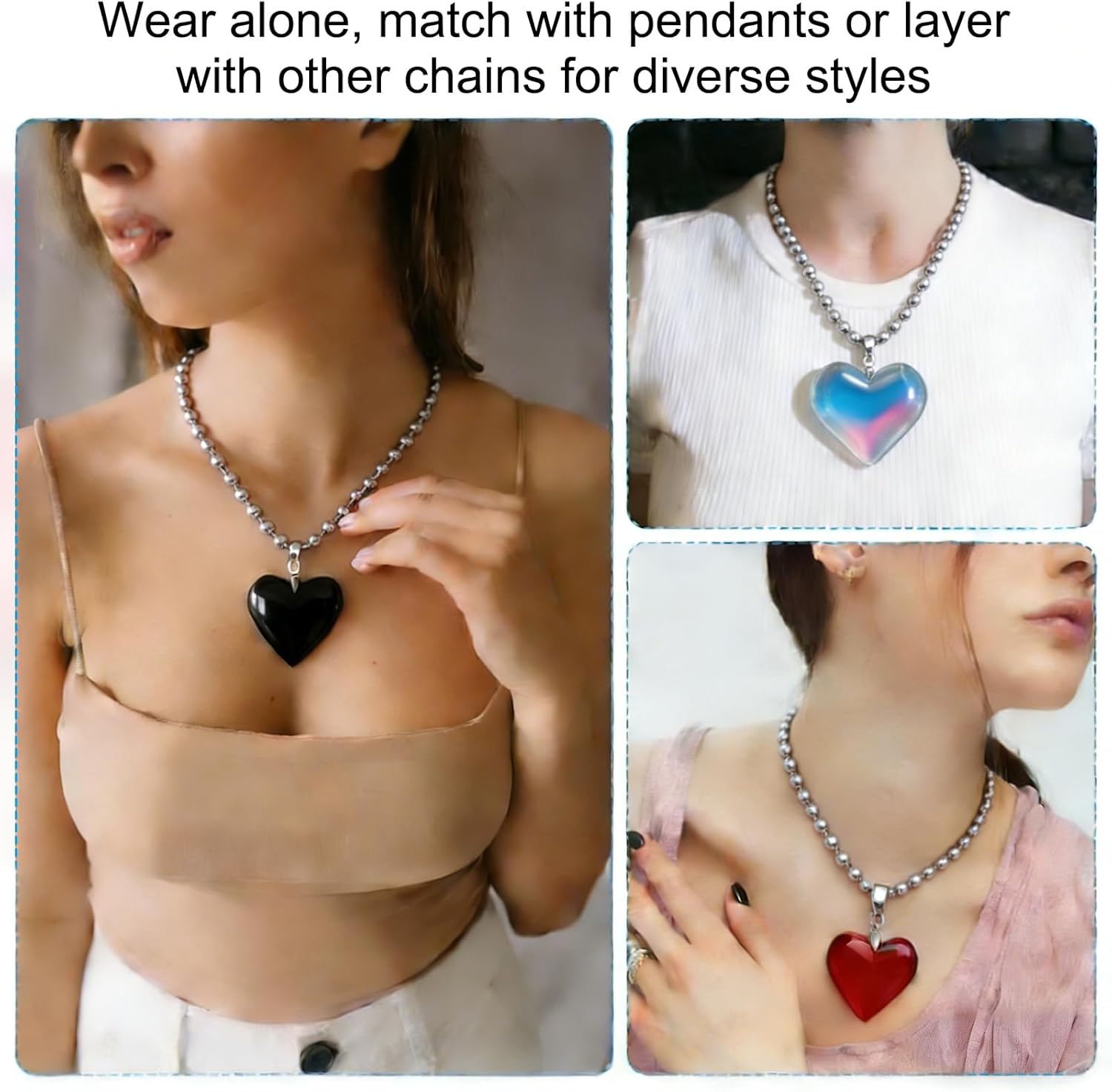Glass Heart Shape Pendant Necklace, Alloy Chain Love Charms Necklace Red — image 6