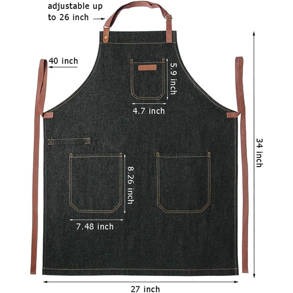 Denim Chef Apron with Pockets, Mens Womens Professional Kitchen Bib Black Apron for Cooking Grill BBQ Server, with Towel Loop and Adjustable Neck Straps — image 5