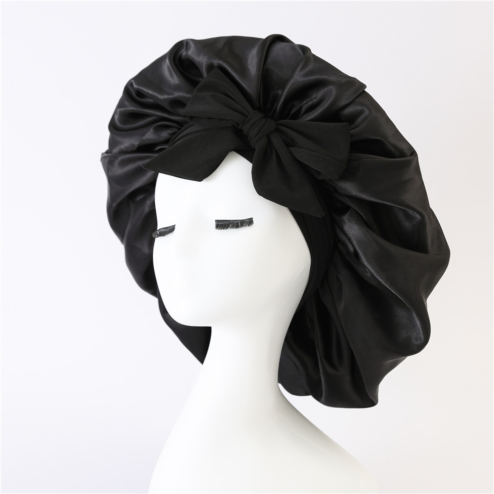 2-Pack Black Satin Bonnet with Wide Band and Bow Tie - Hair Care Sleep Cap and Turban for Women