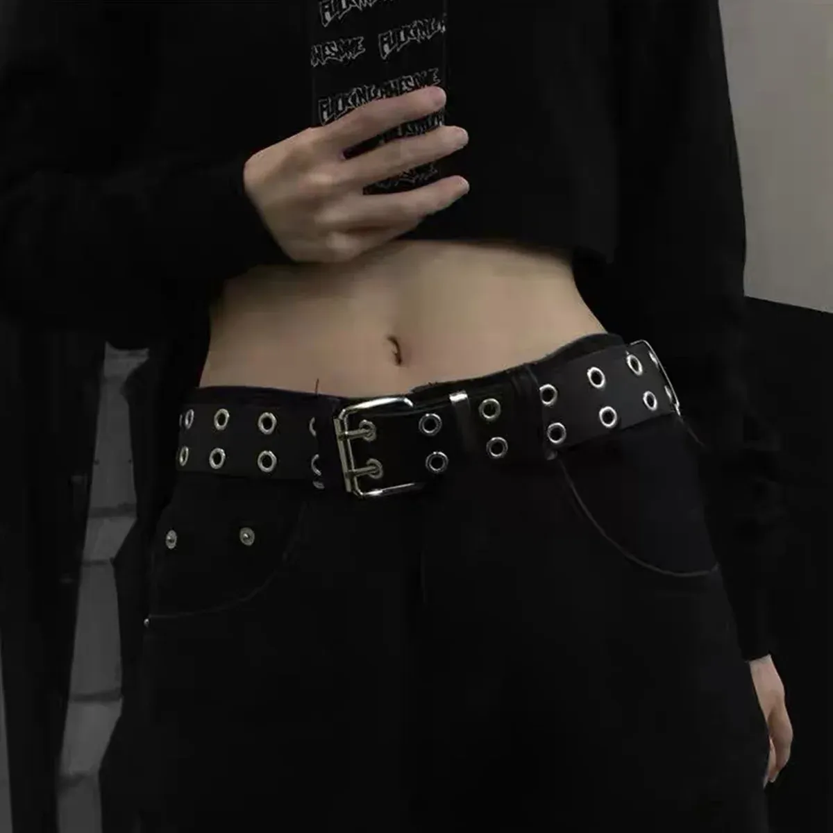 Double Grommet Holes Lether Belt 2-Row Studded For Women Men Punk Belts Use โ image 6
