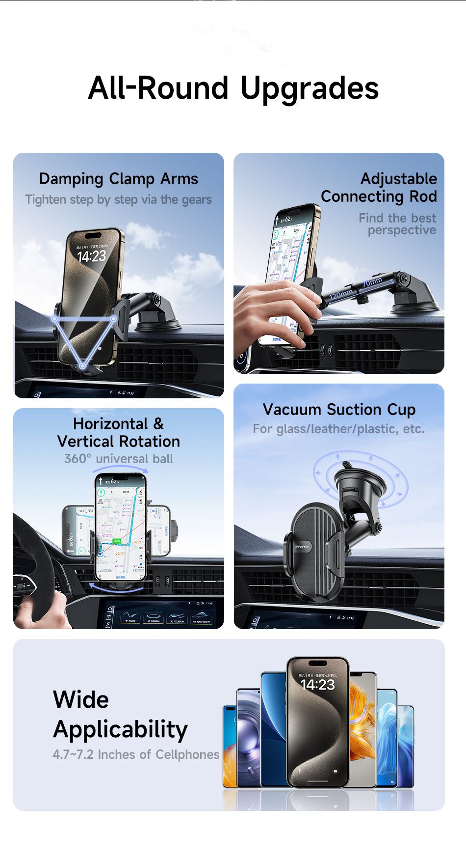 X72 360° Rotation Car Phone Holder, Auto Lock Air Vent Mount for All Mobile Phones,black — image 4