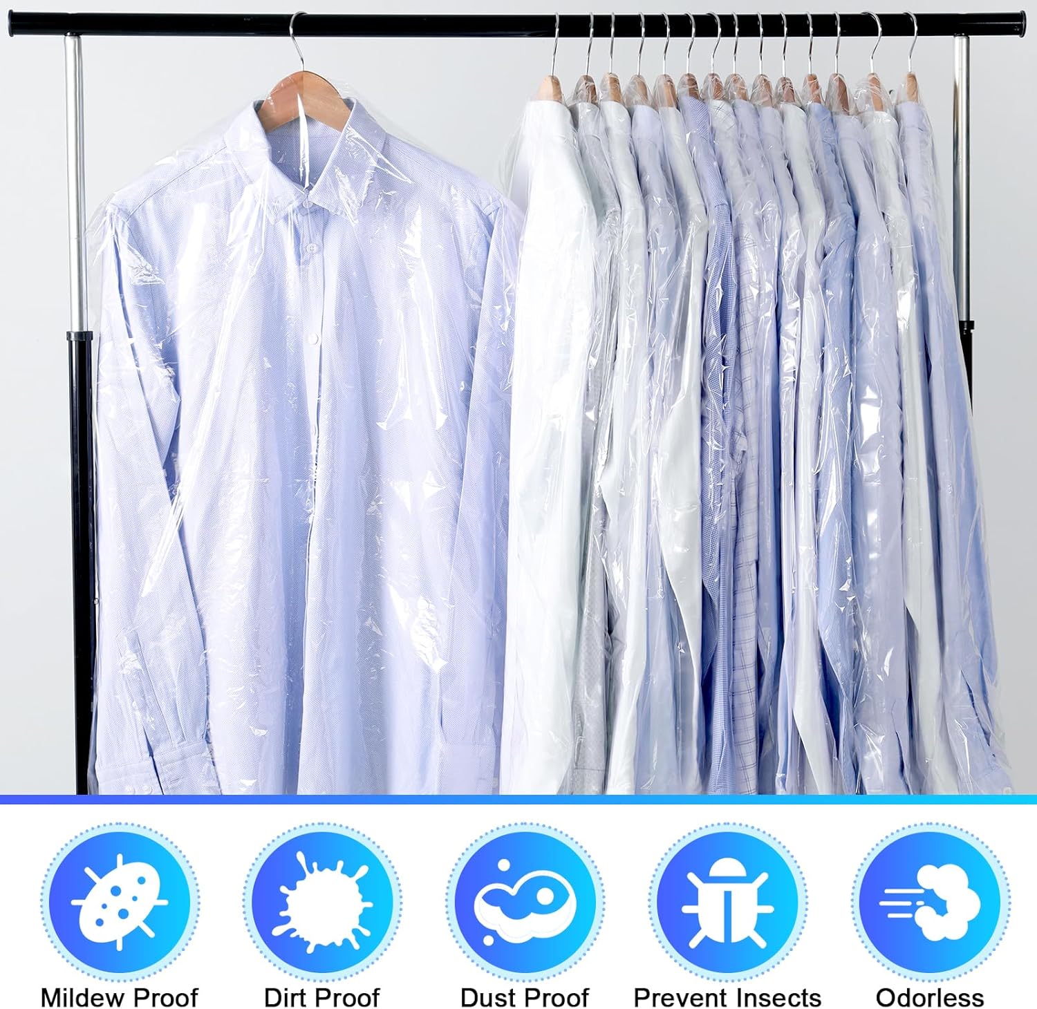 30 Pack Clear Garment Bags, 23.6 × 59.1 Inch Plastic Garment Bags Dustproof, Long Clothes Covers, Waterproof Suit Cover Bag, Moth Proof Coat Bag for Shirts — image 3