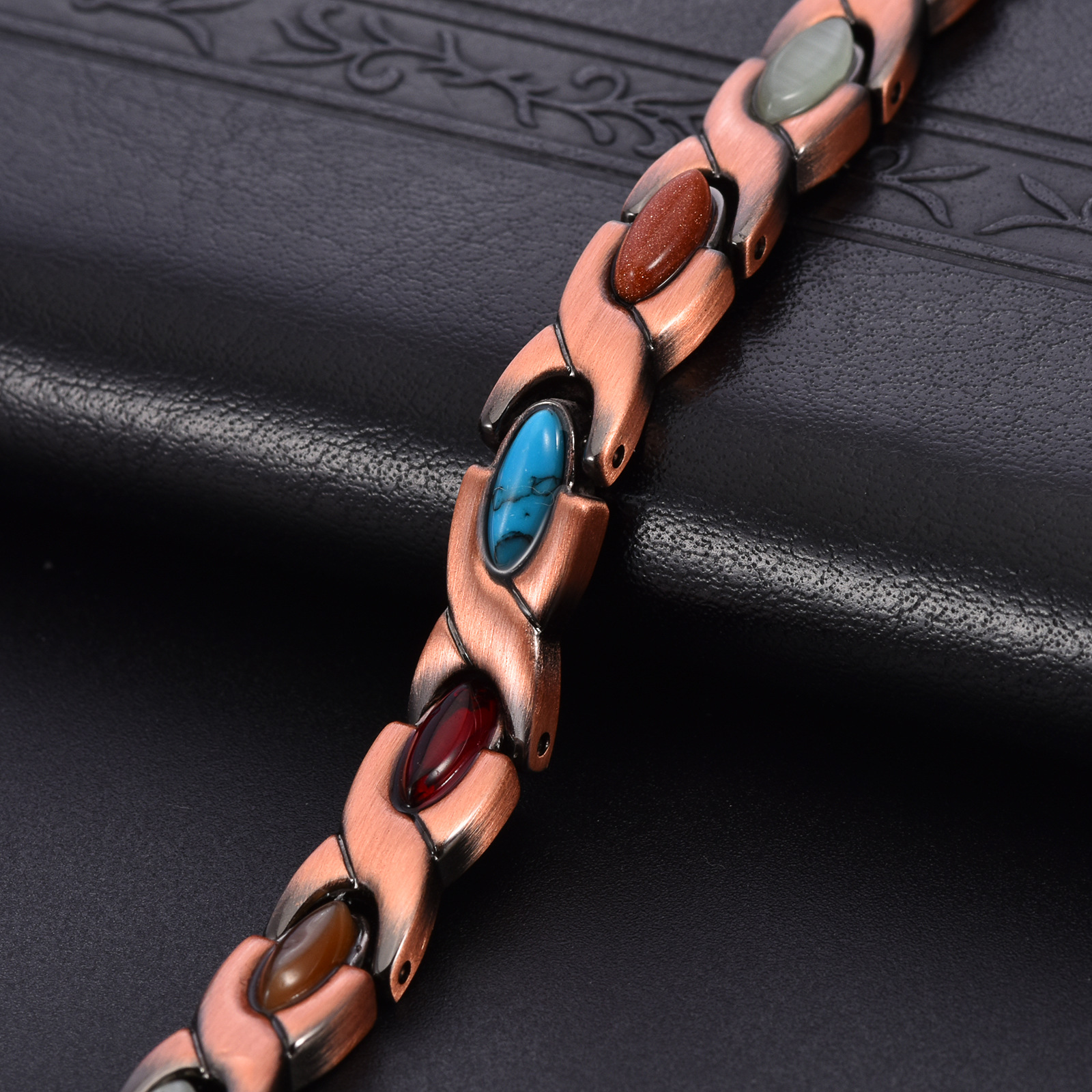 Vintage Copper Tone Magnetic Bracelet Unisex Fish Link Chain with Colourful Stones 19.5cm Bangle for Men and Women Jewellery Gift — image 4