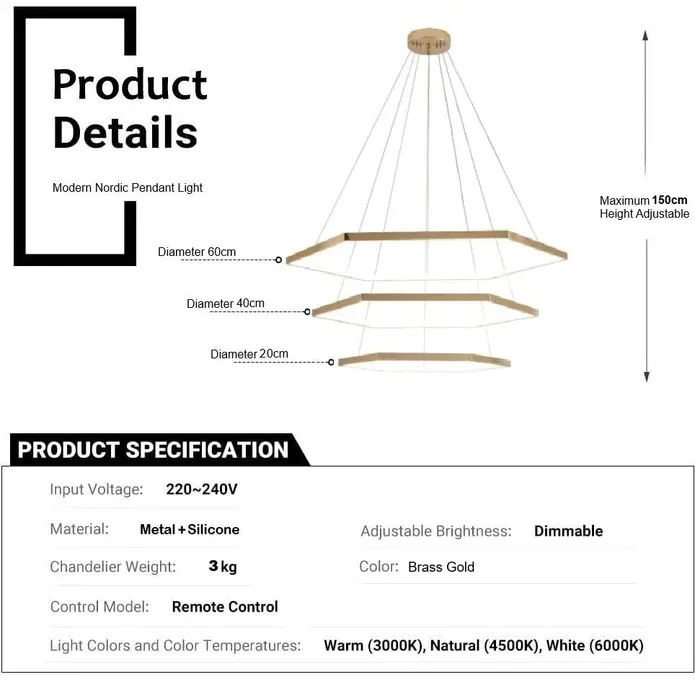 BAMDECOR AD2582/3 Modern LED Chandelier, Hexagonal Rings Ceiling Lighting Contemporary Chandeliers (3 Rings-Gold) — image 5