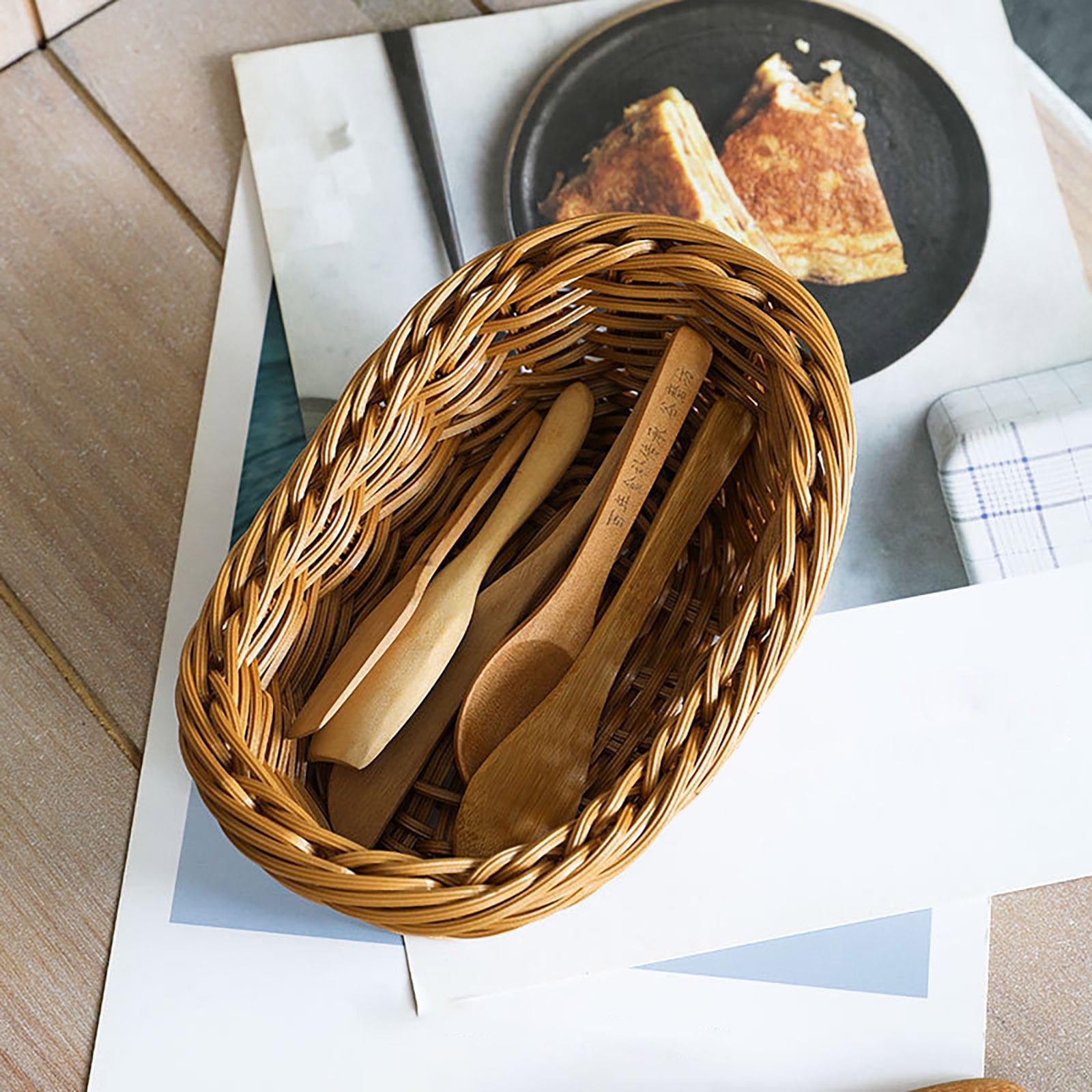 Oval Stackable Plastic Wicker Serving Basket, Imitation Rattan for Bread Fruit Vegetable, Kitchen Restaurant Indoor Outdoor, 19.0 x 13.0 x 7.0 cm, Brown โ image 6