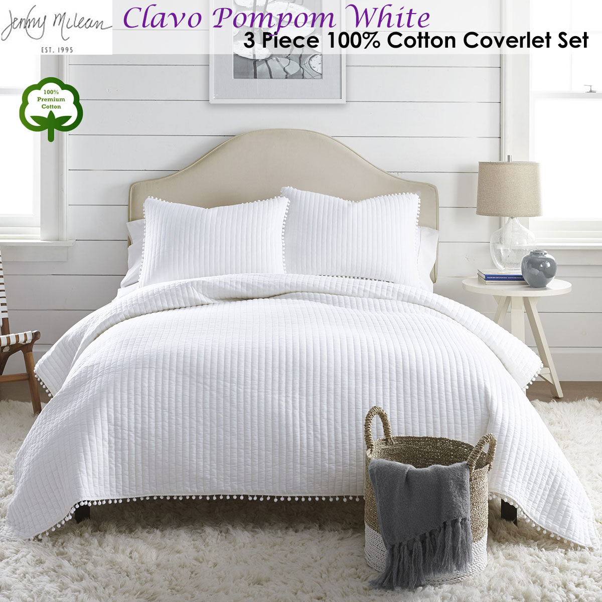 Jenny Mclean Clavo Pompom White 3 Piece 100% Cotton Coverlet Set Super King — image 2