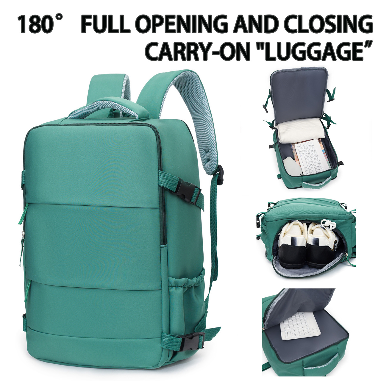 Light Green 25L Travel Laptop Backpack with Shoe Compartment 180 Degree Opening Carry On Rucksack Fits 14 Inch Laptop Ideal for Business and Weekends — image 2