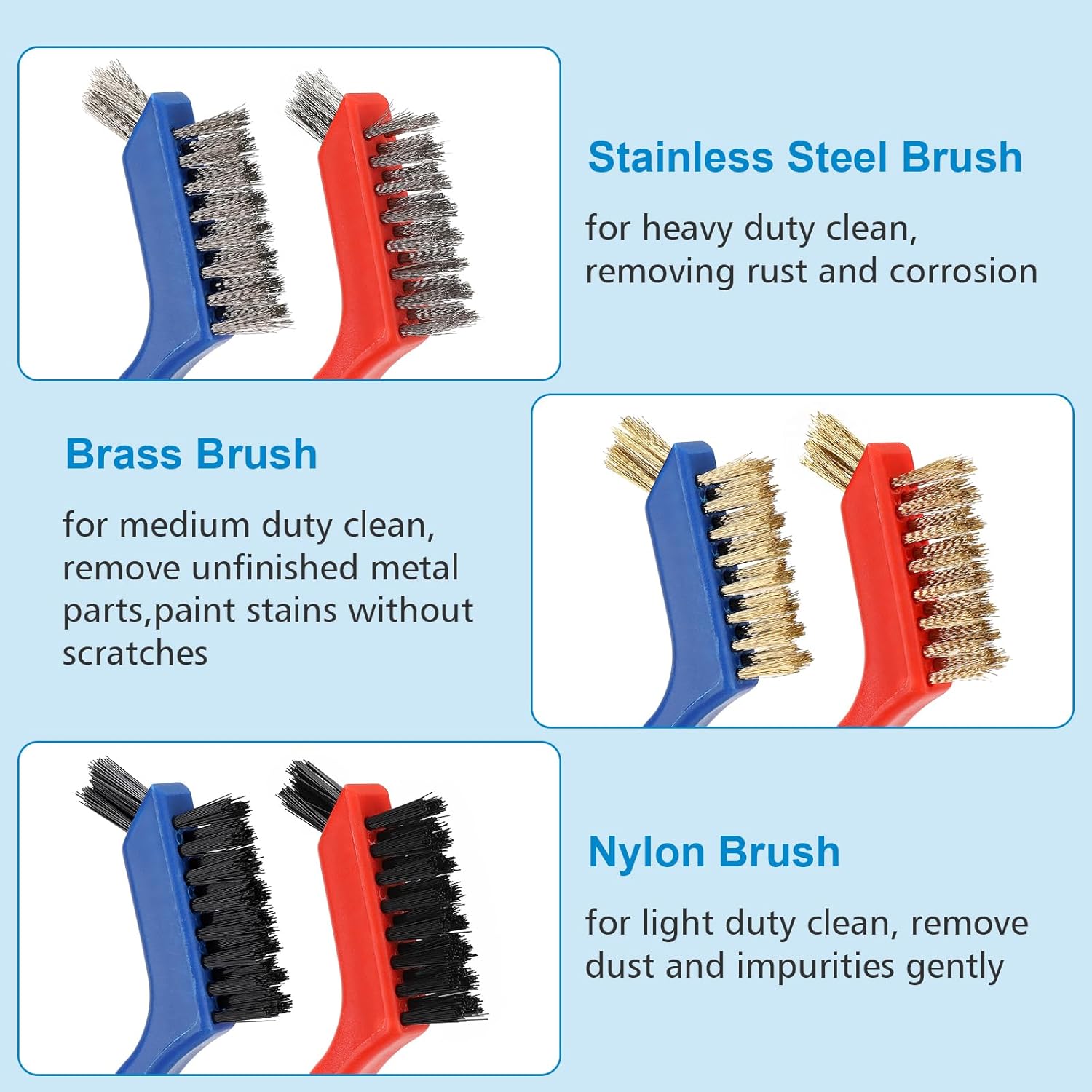 Wire Brush Set 6Pcs, Multi-Purpose Stainless Steel/ Brass/ Nylon Bristle with Curved Handle Grip for Welding Slag Cleaning, Metal Rust Scratching, Paint — image 2