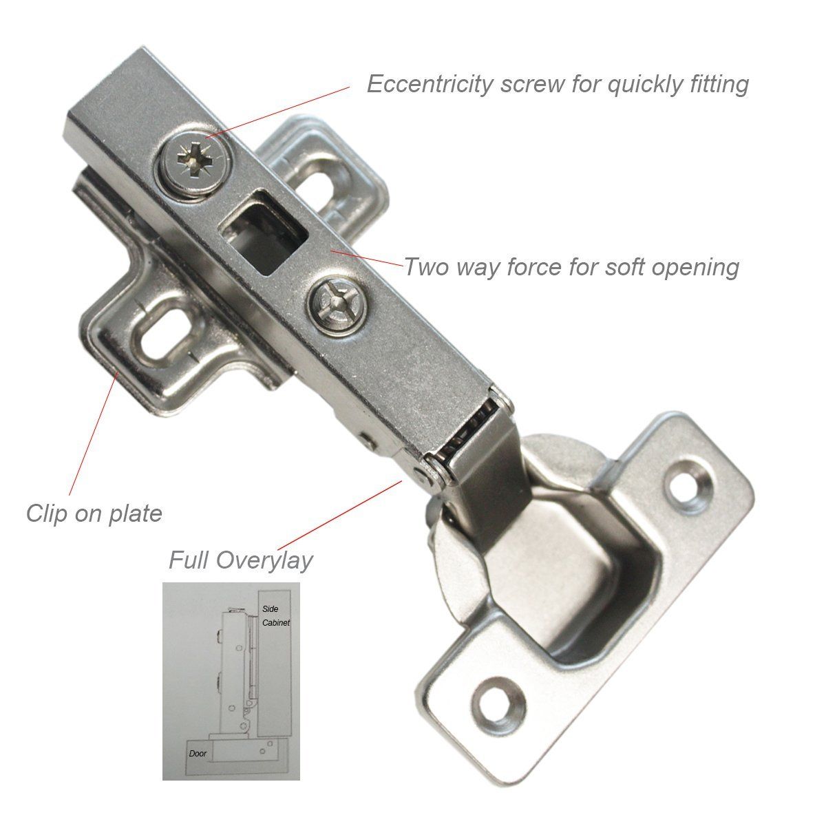 Clip On Full Overlay Frameless Furniture Cabinet Door Concealed Hinges, 1 Pair(2 Pieces) Fit for cabinet without Frame — image 5